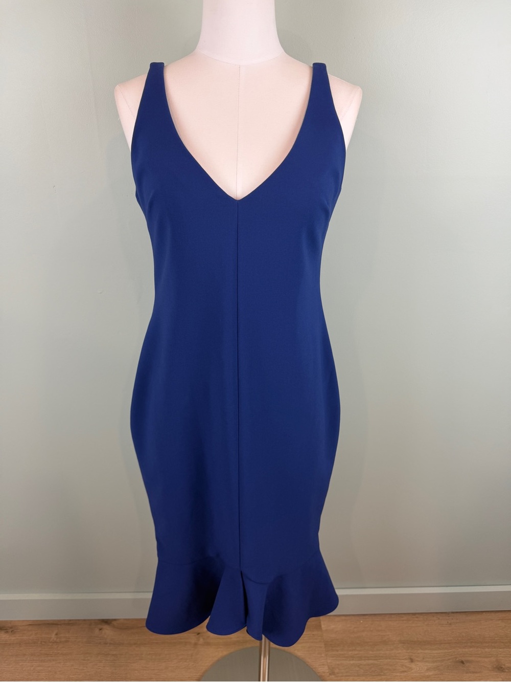 Revolve: Likely Royal Blue V-Neck Ruffle-Hem Sheath Cocktail Dress sz 8 wedding